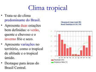 Clima tropical
• Trata-se do clima
predominante do Brasil.
• Apresenta duas estações
bem definidas: o verão,
quente e chuvoso e o
inverno frio e seco.
• Apresenta variações no
território, como o tropical
de altitude e o tropical
úmido.
• Destaque para áreas do
Brasil Central.
 