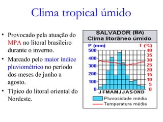 Clima tropical úmido
• Provocado pela atuação do
MPA no litoral brasileiro
durante o inverno.
• Marcado pelo maior índice
pluviométrico no período
dos meses de junho a
agosto.
• Típico do litoral oriental do
Nordeste.
 