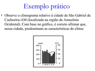 Exemplo prático
• Observe o climograma relativo à cidade de São Gabriel da
Cachoeira-AM (localizada na região da Amazônia
Ocidental). Com base no gráfico, é correto afirmar que,
nessa cidade, predominam as características do clima:
 
