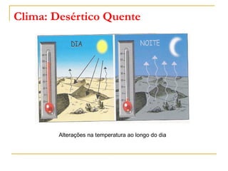 Clima: Desértico Quente
Alterações na temperatura ao longo do dia
 