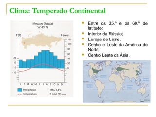 Clima: Temperado Continental
 Entre os 35.º e os 60.º de
latitude:
 Interior da Rússia;
 Europa de Leste;
 Centro e Leste da América do
Norte;
 Centro Leste da Ásia.
 