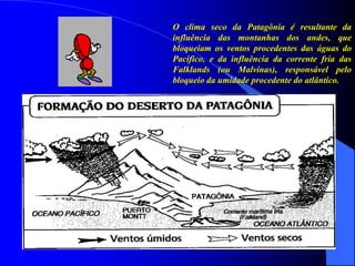O clima seco da Patagônia é resultante da
influência das montanhas dos andes, que
bloqueiam os ventos procedentes das águas do
Pacífico, e da influência da corrente fria das
Falklands (ou Malvinas), responsável pelo
bloqueio da umidade procedente do atlântico.
 