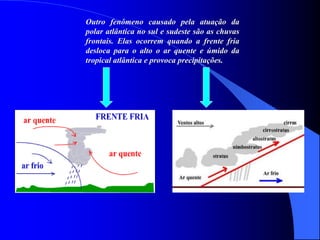 Outro fenômeno causado pela atuação da
polar atlântica no sul e sudeste são as chuvas
frontais. Elas ocorrem quando a frente fria
desloca para o alto o ar quente e úmido da
tropical atlântica e provoca precipitações.
 