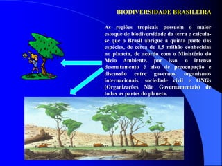 BIODIVERSIDADE BRASILEIRA
As regiões tropicais possuem o maior
estoque de biodiversidade da terra e calcula-
se que o Brasil abrigue a quinta parte das
espécies, de cerca de 1,5 milhão conhecidas
no planeta, de acordo com o Ministério do
Meio Ambiente. por isso, o intenso
desmatamento é alvo de preocupação e
discussão entre governos, organismos
internacionais, sociedade civil e ONGs
(Organizações Não Governamentais) de
todas as partes do planeta.
 