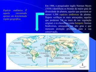 Em 1988, o pesquisador inglês Norman Myers
(1934-) identificou os biomas de maior grau de
diversidade do planeta, aqueles que possuem ao
menos 1.500 espécies endêmicas de plantas.
Depois verificou os mais ameaçados, aqueles
que perderam 3/4 ou mais de sua vegetação
original, e os classificou como hotspots: biomas
biodiversos, ameaçados em alto grau e que
merecem proteção prioritária para a sua
conservação.
Espécie endêmica É
aquela encontrada
apenas em determinada
região geográfica.
 