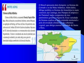 O Brasil apresenta dois hotspots: os biomas do
Cerrado e os da Mata Atlântica. Além deles,
abriga também os biomas da Amazônia (o mais
extenso), da Caatinga, dos Pampas (Campos) e
do Pantanal, todos compostos de rico
patrimônio genético (figura 8). Essa variedade
de biomas explica-se pela extensão territorial e
pela diversidade climática e da cobertura
vegetal, que abriga enorme variedade de fauna
e flora.
 