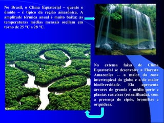 No Brasil, o Clima Equatorial – quente e
úmido – é típico da região amazônica. A
amplitude térmica anual é muito baixa: as
temperaturas médias mensais oscilam em
torno de 25 °C a 28 °C.
Na extensa faixa de Clima
Equatorial se desenvolve a Floresta
Amazonica -– a maior da zona
intertropical do globo e a de maior
biodiversidade. Ela apresenta
árvores de grande e médio porte e
plantas rasteiras (estratificada), com
a presença de cipós, bromélias e
orquídeas.
 