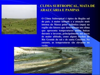 CLIMA SUBTROPICAL, MATA DE
ARAUCÁRIA E PAMPAS
O Clima Subtropical é típico da Região sul
do país. A maior latitude e a atuação mais
intensa da Massa polar Atlântica (mpa) na
região são fatores que determinam um clima
que apresenta temperaturas muito baixas
durante o inverno, principalmente nas áreas
de maior altitude, como alguns trechos do
Rio Grande do sul e de santa Catarina. No
entanto, as temperaturas são elevadas no
verão.
 