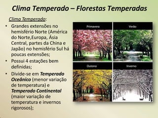 Clima Temperado – Florestas Temperadas
Clima Temperado:
• Grandes extensões no
hemisfério Norte (América
do Norte,Europa, Ásia
Central, partes da China e
Japão) no hemisfério Sul há
poucas extensões;
• Possui 4 estações bem
definidas;
• Divide-se em Temperado
Oceânico (menor variação
de temperatura) e
Temperado Continental
(maior variação de
temperatura e invernos
rigorosos);
 