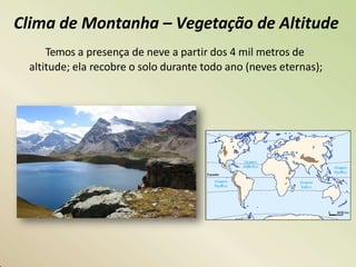 Clima de Montanha – Vegetação de Altitude
Temos a presença de neve a partir dos 4 mil metros de
altitude; ela recobre o solo durante todo ano (neves eternas);
 