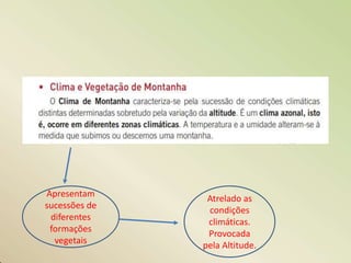 Apresentam
sucessões de
diferentes
formações
vegetais
Atrelado as
condições
climáticas.
Provocada
pela Altitude.
 