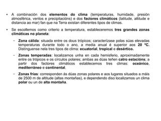 ●

●

A combinación dos elementos do clima (temperaturas, humidade, presión
atmosférica, ventos e precipitacións) e dos factores climáticos (latitude, altitude e
distancia ao mar) fan que na Terra existan diferentes tipos de climas.
Se escollemos como criterio a temperatura, estableceremos tres grandes zonas
climáticas no planeta:
–

Zona cálida: situada entre os dous trópicos; caracterízase polas súas elevadas
temperaturas durante todo o ano, a media anual é superior aos 20 ºC.
Distínguense nela tres tipos de clima: ecuatorial, tropical e desértico.

–

Zonas temperadas: localizamos unha en cada hemisferio, aproximadamente
entre os trópicos e os círculos polares; ambas as dúas teñen catro estacións; a
partir dos factores climáticos establecemos tres climas: oceánico,
mediterráneo e continental.

–

Zonas frías: corresponden ás dúas zonas polares e aos lugares situados a máis
de 2500 m de altitude (altas montañas), e dependendo diso localizamos un clima
polar ou un de alta montaña.

 
