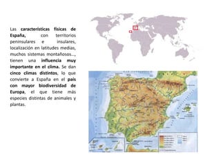 Las características físicas de
España, con territorios
peninsulares e insulares,
localización en latitudes medias,
muchos sistemas montañosos…,
tienen una influencia muy
importante en el clima. Se dan
cinco climas distintos, lo que
convierte a España en el país
con mayor biodiversidad de
Europa, el que tiene más
especies distintas de animales y
plantas.
 