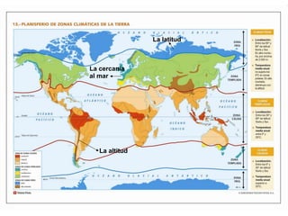 La altitud 
La latitud 
La cercanía 
al mar 
 