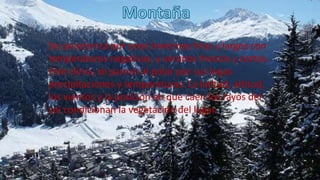 Se caracteriza por unos inviernos fríos y largos con
temperaturas negativas, y veranos frescos y cortos.
Este clima, se parece al polar por sus bajas
precipitaciones y temperaturas. La latitud, altitud,
los vientos y la posición en que caen los rayos del
sol condicionan la vegetación del lugar.
 