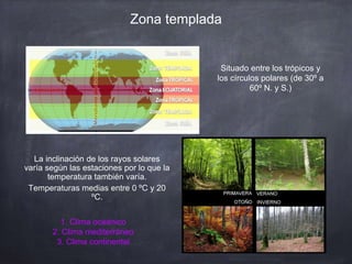 Zona templada
La inclinación de los rayos solares
varía según las estaciones por lo que la
temperatura también varía.
Temperaturas medias entre 0 ºC y 20
ºC.
Situado entre los trópicos y
los círculos polares (de 30º a
60º N. y S.)
1. Clima oceánico
2. Clima mediterráneo
3. Clima continental
 