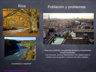 Ríos
http://youtu.be/WHrWWq2q4bY
Área muy poblada, con grandes ciudades e importantes
zonas industriales.
Los bosques, aunque abundantes, han dejado paso a
prados para el ganado o campos de maíz, patatas...
Población y problemas
Caudalosos y regulares
 