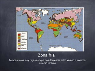Zona fría
Temperaturas muy bajas aunque con diferencia entre verano e invierno.
Invierno térmico.
 