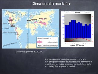 Clima de alta montaña.
Altitudes superiores a 2.500 m.
Las temperaturas son bajas durante todo el año.
Las precipitaciones son abundantes pero disminuyen a
medida que las nubes ascienden por las laderas de la
montaña y descargan su humedad.
 