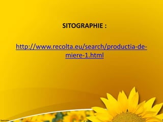 SITOGRAPHIE :
http://www.recolta.eu/search/productia-de-
miere-1.html
 