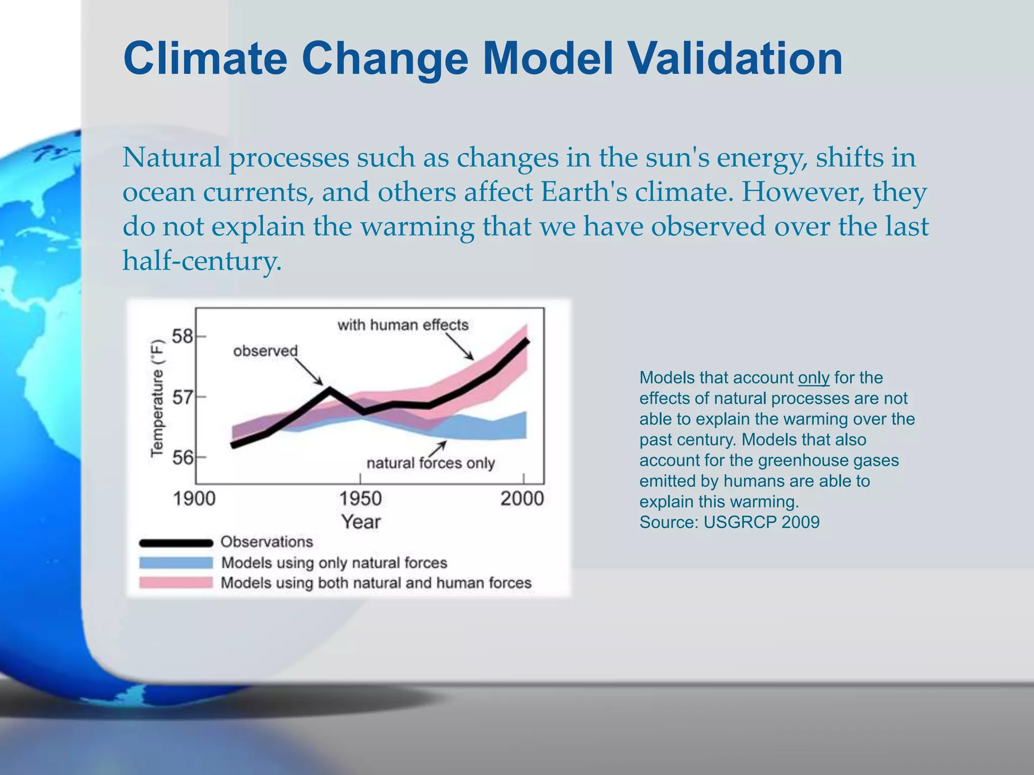 Climate Change Model Validation
Natural processes such as changes in the sun's energy, shifts in
ocean currents, and others affect Earth's climate. However, they
do not explain the warming that we have observed over the last
half-century.
Models that account only for the
effects of natural processes are not
able to explain the warming over the
past century. Models that also
account for the greenhouse gases
emitted by humans are able to
explain this warming.
Source: USGRCP 2009
 