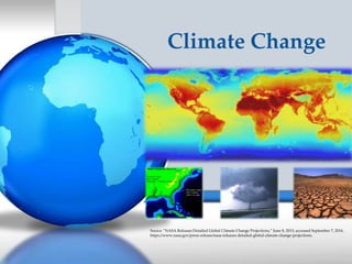 Climate Change
Source “NASA Releases Detailed Global Climate Change Projections,” June 8, 2015, accessed September 7, 2016,
https://www.nasa.gov/press-release/nasa-releases-detailed-global-climate-change-projections.
 