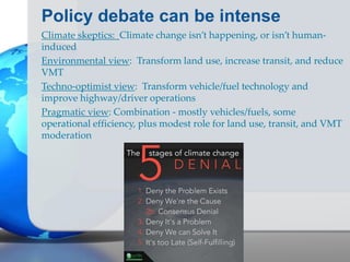 Policy debate can be intense
Climate skeptics: Climate change isn’t happening, or isn’t human-
induced
Environmental view: Transform land use, increase transit, and reduce
VMT
Techno-optimist view: Transform vehicle/fuel technology and
improve highway/driver operations
Pragmatic view: Combination - mostly vehicles/fuels, some
operational efficiency, plus modest role for land use, transit, and VMT
moderation
 