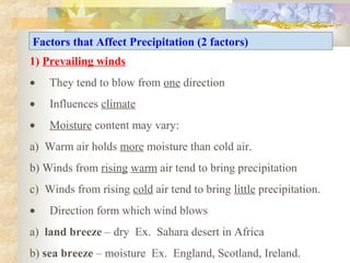 Factors that Affect Precipitation (2 factors)
1) Prevailing winds
•   They tend to blow from one direction
•   Influences climate
•   Moisture content may vary:
a) Warm air holds more moisture than cold air.
b) Winds from rising warm air tend to bring precipitation
c) Winds from rising cold air tend to bring little precipitation.
•   Direction form which wind blows
a) land breeze – dry Ex. Sahara desert in Africa
b) sea breeze – moisture Ex. England, Scotland, Ireland.
 
