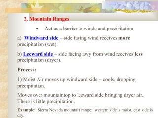 2. Mountain Ranges
          •    Act as a barrier to winds and precipitation
a) Windward side – side facing wind receives more
precipitation (wet).
b) Leeward side – side facing awy from wind receives less
precipitation (dryer).
Process:
1) Moist Air moves up windward side – cools, dropping
precipitation.
Moves over mountaintop to leeward side bringing dryer air.
There is little precipitation.
Example: Sierra Nevada mountain range: western side is moist, east side is
dry.
 