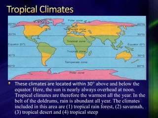These climates are located within 30° above and below the 
equator. Here, the sun is nearly always overhead at noon. 
Tropical climates are therefore the warmest all the year. In the 
belt of the doldrums, rain is abundant all year. The climates 
included in this area are (1) tropical rain forest, (2) savannah, 
(3) tropical desert and (4) tropical steep 
 