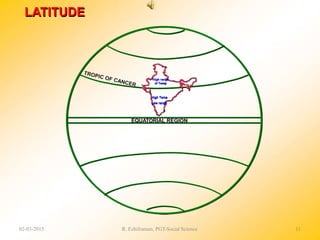 EQUATORIAL REGION
LATITUDE
High range
of Temp
High Temp
Low range
02-03-2015 R. Ezhilraman, PGT-Social Science 11
 
