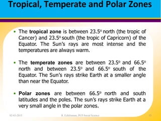 Tropical, Temperate and Polar Zones
02-03-2015 R. Ezhilraman, PGT-Social Science 13
• The tropical zone is between 23.5o north (the tropic of
Cancer) and 23.5o south (the tropic of Capricorn) of the
Equator. The Sun’s rays are most intense and the
temperatures are always warm.
• The temperate zones are between 23.5o and 66.5o
north and between 23.5o and 66.5o south of the
Equator. The Sun’s rays strike Earth at a smaller angle
than near the Equator.
• Polar zones are between 66.5o north and south
latitudes and the poles. The sun’s rays strike Earth at a
very small angle in the polar zones.
 