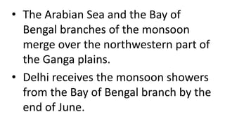 • The Arabian Sea and the Bay of
Bengal branches of the monsoon
merge over the northwestern part of
the Ganga plains.
• Delhi receives the monsoon showers
from the Bay of Bengal branch by the
end of June.
 