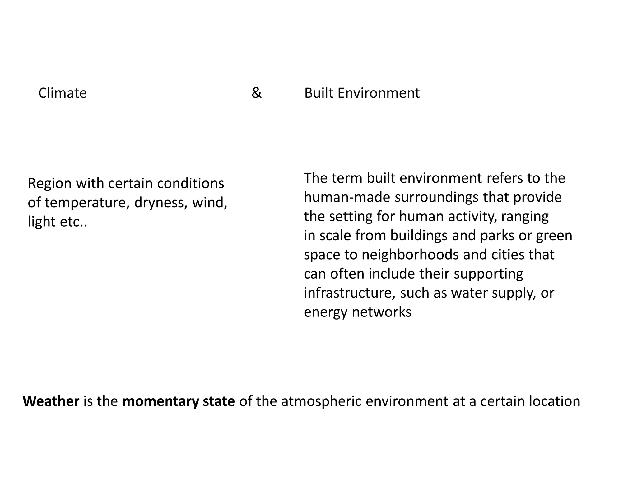 Region with certain conditions
of temperature, dryness, wind,
light etc..
The term built environment refers to the
human-made surroundings that provide
the setting for human activity, ranging
in scale from buildings and parks or green
space to neighborhoods and cities that
can often include their supporting
infrastructure, such as water supply, or
energy networks
Climate & Built Environment
Weather is the momentary state of the atmospheric environment at a certain location
 
