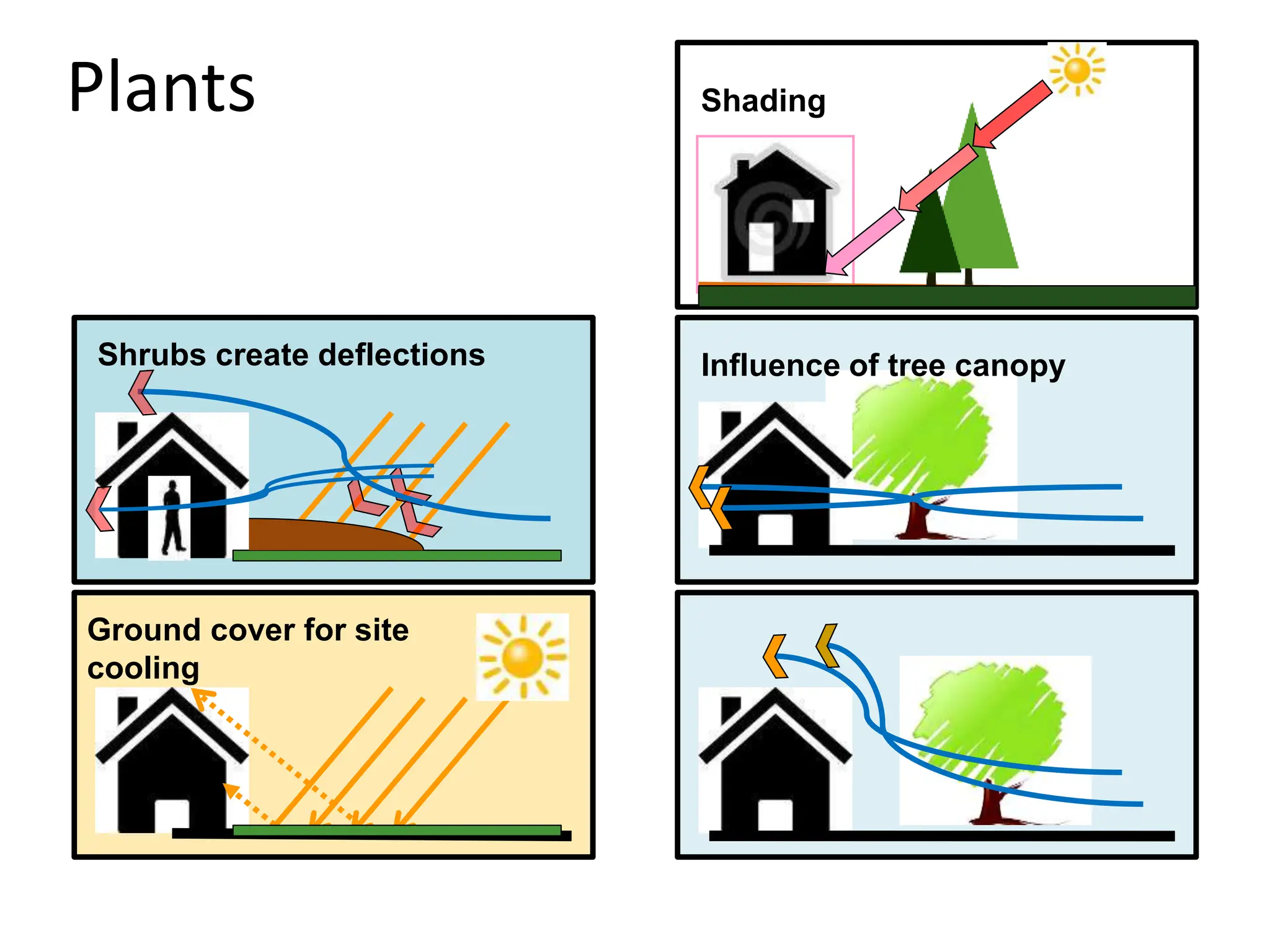 Plants
Influence of tree canopy
Shrubs create deflections
Ground cover for site
cooling
Shading
 