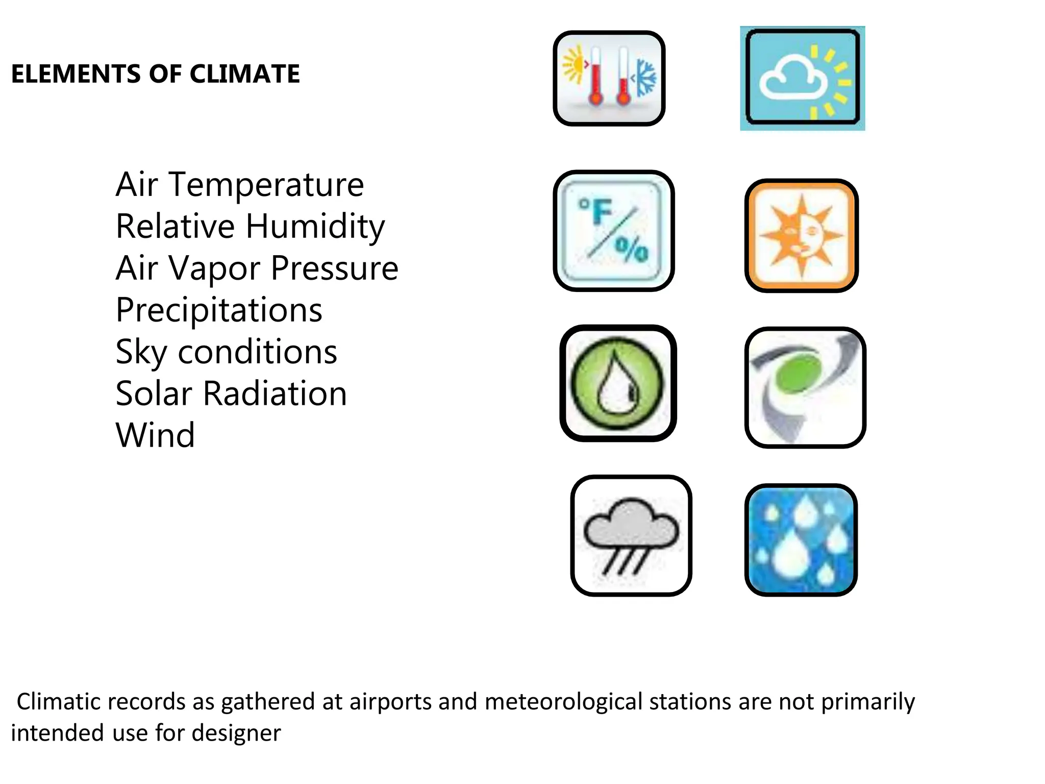 ELEMENTS OF CLIMATE
Air Temperature
Relative Humidity
Air Vapor Pressure
Precipitations
Sky conditions
Solar Radiation
Wind
Climatic records as gathered at airports and meteorological stations are not primarily
intended use for designer
 