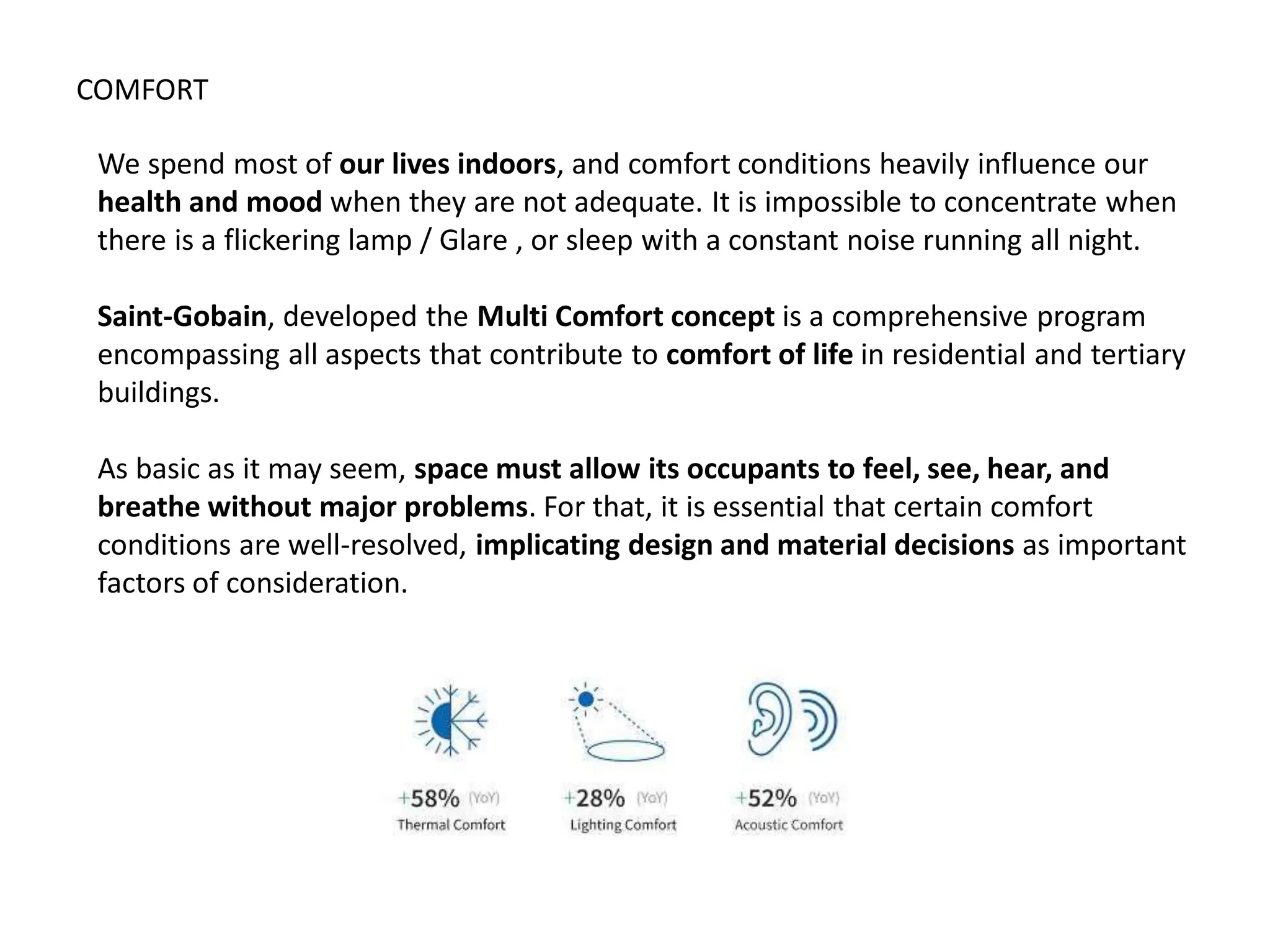 COMFORT
We spend most of our lives indoors, and comfort conditions heavily influence our
health and mood when they are not adequate. It is impossible to concentrate when
there is a flickering lamp / Glare , or sleep with a constant noise running all night.
Saint-Gobain, developed the Multi Comfort concept is a comprehensive program
encompassing all aspects that contribute to comfort of life in residential and tertiary
buildings.
As basic as it may seem, space must allow its occupants to feel, see, hear, and
breathe without major problems. For that, it is essential that certain comfort
conditions are well-resolved, implicating design and material decisions as important
factors of consideration.
 