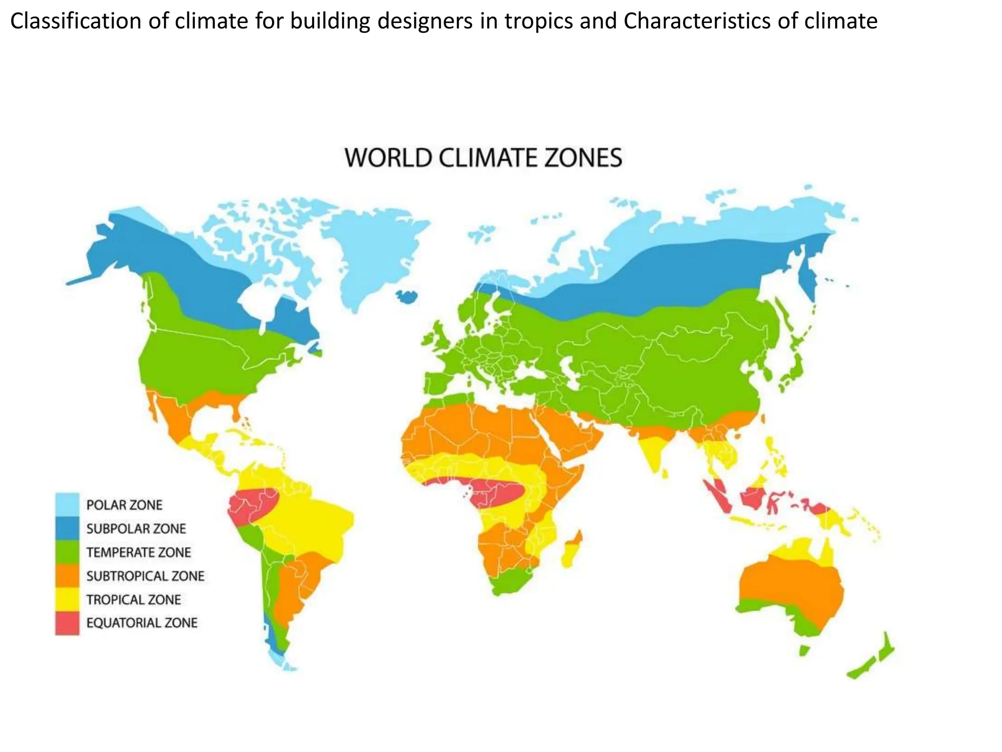 Classification of climate for building designers in tropics and Characteristics of climate
 