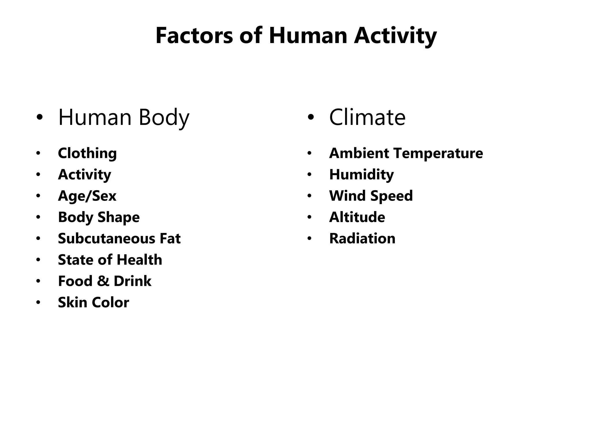 Factors of Human Activity
• Human Body
• Clothing
• Activity
• Age/Sex
• Body Shape
• Subcutaneous Fat
• State of Health
• Food & Drink
• Skin Color
• Climate
• Ambient Temperature
• Humidity
• Wind Speed
• Altitude
• Radiation
 