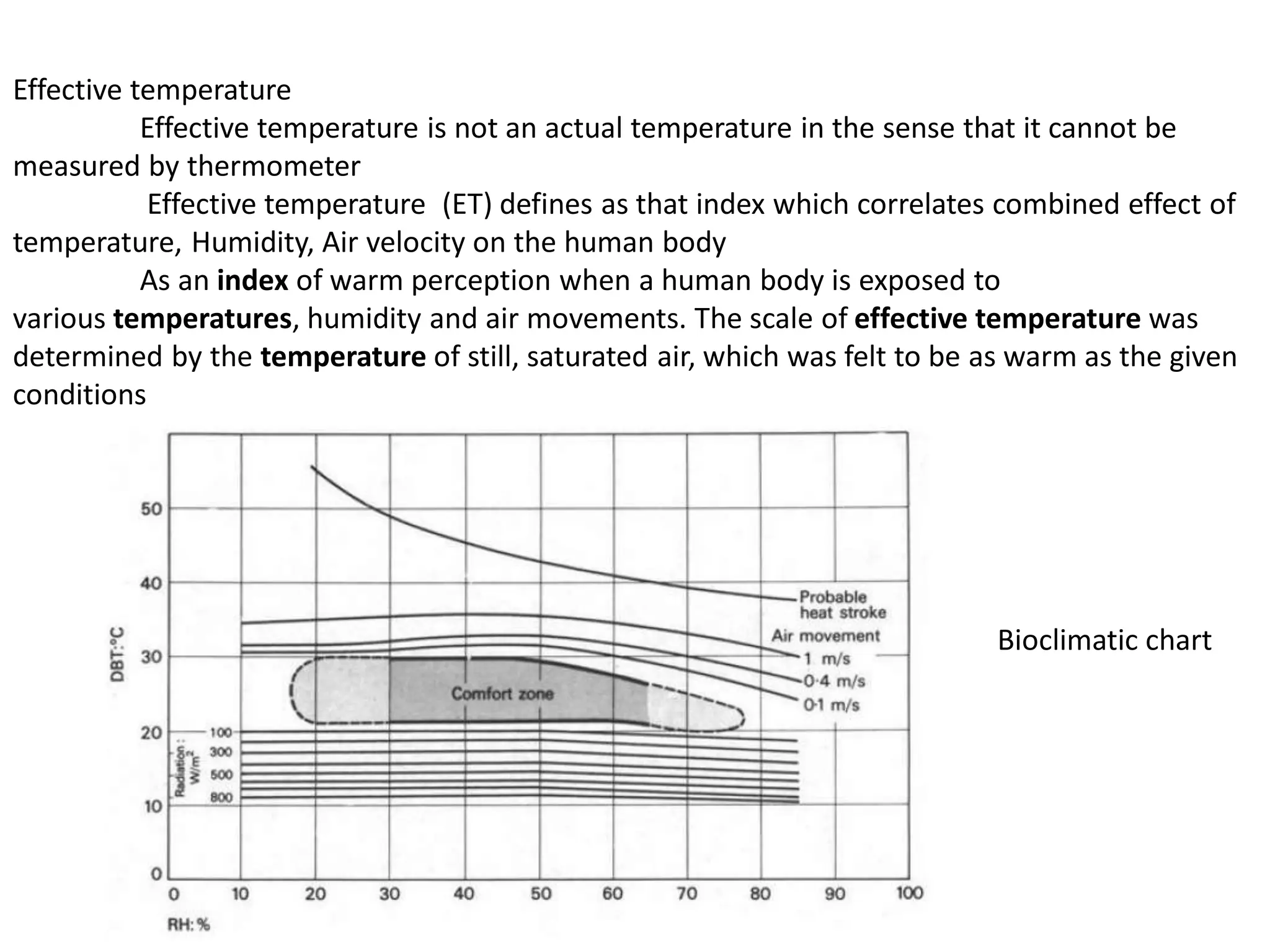 Effective temperature
Effective temperature is not an actual temperature in the sense that it cannot be
measured by thermometer
Effective temperature (ET) defines as that index which correlates combined effect of
temperature, Humidity, Air velocity on the human body
As an index of warm perception when a human body is exposed to
various temperatures, humidity and air movements. The scale of effective temperature was
determined by the temperature of still, saturated air, which was felt to be as warm as the given
conditions
Bioclimatic chart
 