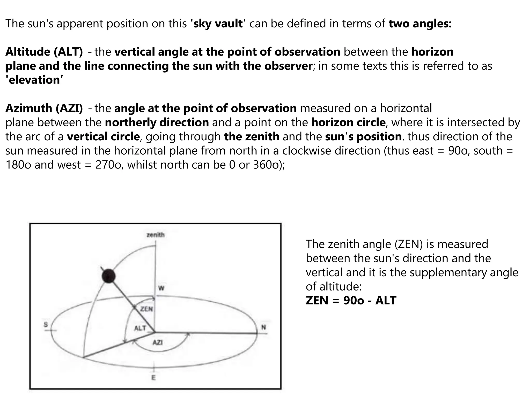 The sun's apparent position on this 'sky vault' can be defined in terms of two angles:
Altitude (ALT) - the vertical angle at the point of observation between the horizon
plane and the line connecting the sun with the observer; in some texts this is referred to as
'elevation’
Azimuth (AZI) - the angle at the point of observation measured on a horizontal
plane between the northerly direction and a point on the horizon circle, where it is intersected by
the arc of a vertical circle, going through the zenith and the sun's position. thus direction of the
sun measured in the horizontal plane from north in a clockwise direction (thus east = 90o, south =
180o and west = 270o, whilst north can be 0 or 360o);
The zenith angle (ZEN) is measured
between the sun's direction and the
vertical and it is the supplementary angle
of altitude:
ZEN = 90o - ALT
 