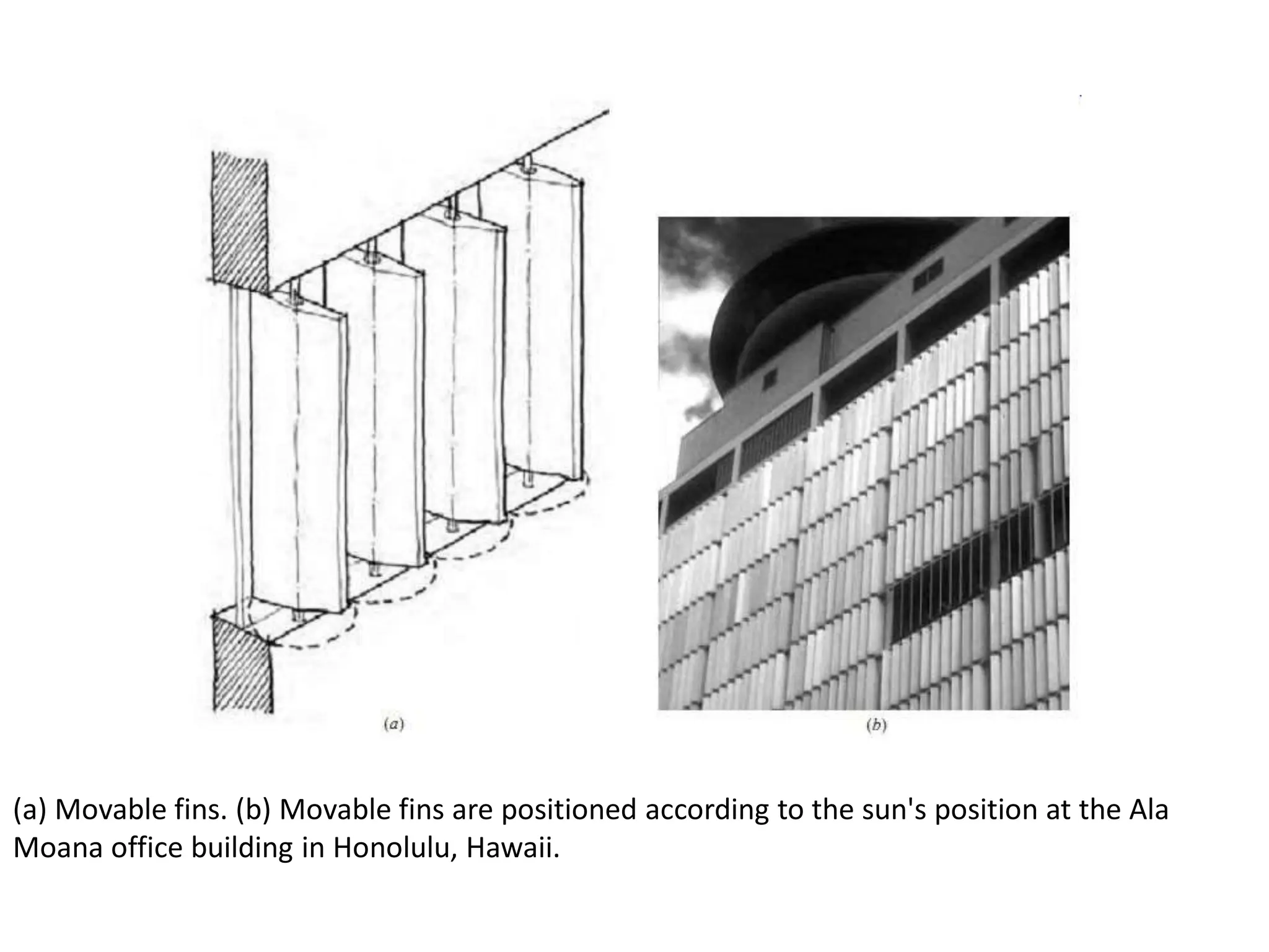 (a) Movable fins. (b) Movable fins are positioned according to the sun's position at the Ala
Moana office building in Honolulu, Hawaii.
 