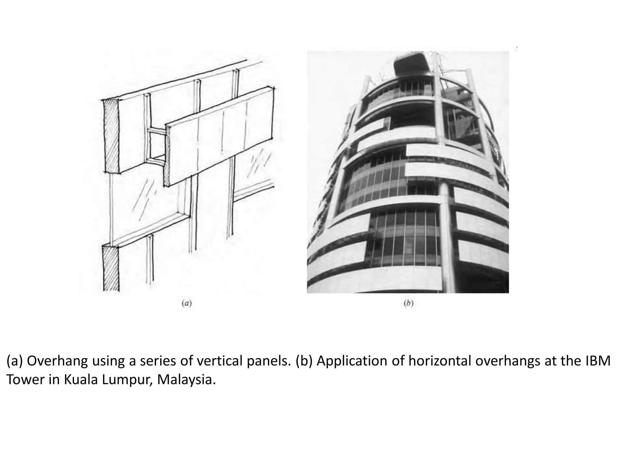 (a) Overhang using a series of vertical panels. (b) Application of horizontal overhangs at the IBM
Tower in Kuala Lumpur, Malaysia.
 