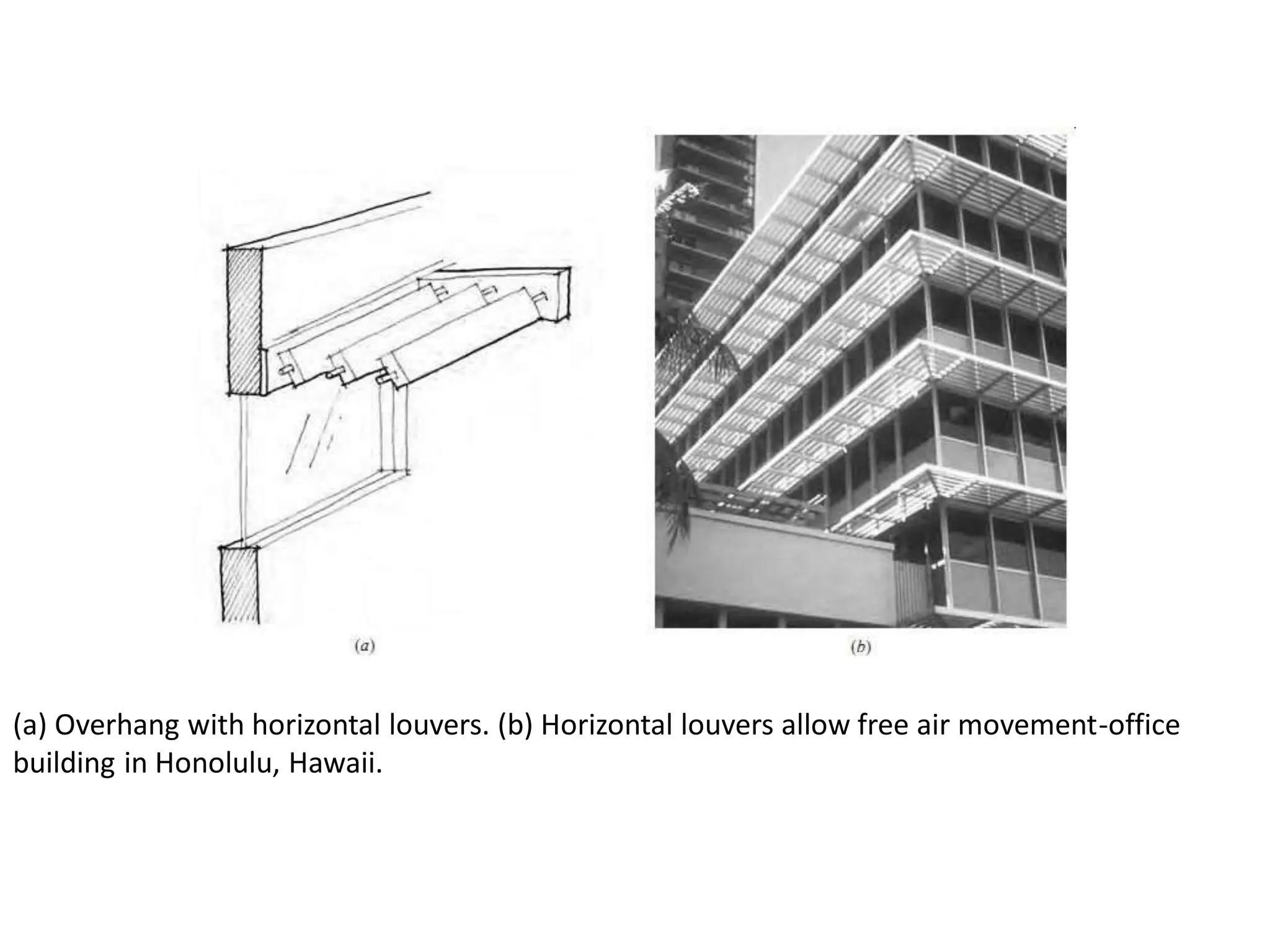 (a) Overhang with horizontal louvers. (b) Horizontal louvers allow free air movement-office
building in Honolulu, Hawaii.
 