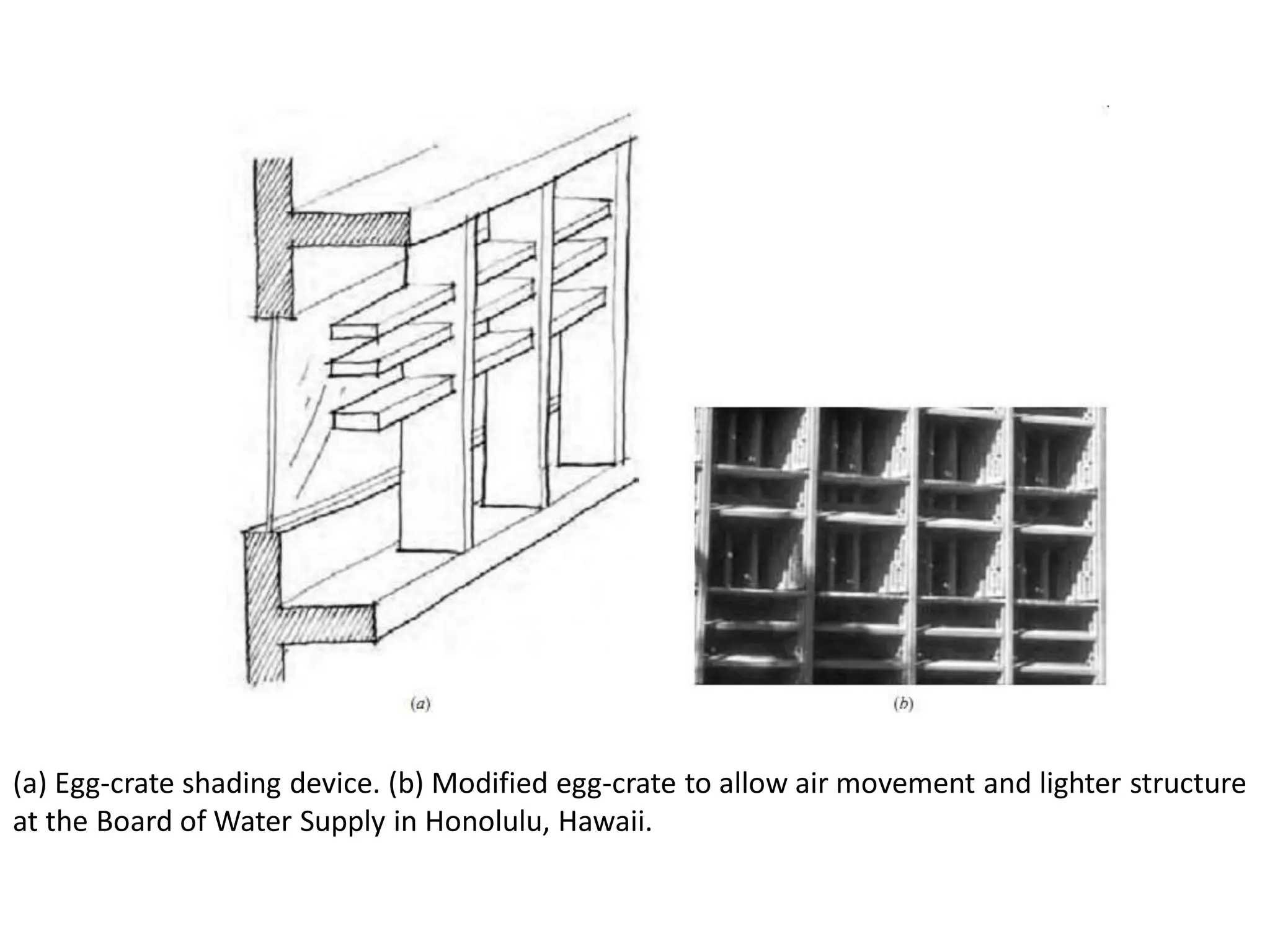 (a) Egg-crate shading device. (b) Modified egg-crate to allow air movement and lighter structure
at the Board of Water Supply in Honolulu, Hawaii.
 