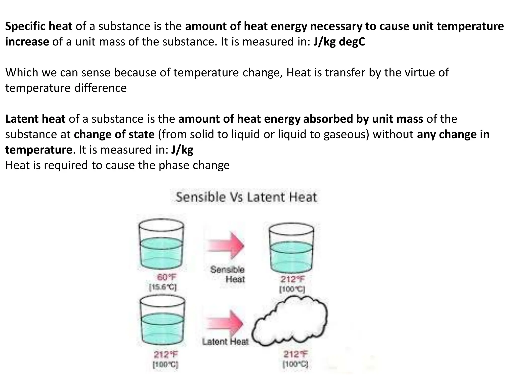 Specific heat of a substance is the amount of heat energy necessary to cause unit temperature
increase of a unit mass of the substance. It is measured in: J/kg degC
Which we can sense because of temperature change, Heat is transfer by the virtue of
temperature difference
Latent heat of a substance is the amount of heat energy absorbed by unit mass of the
substance at change of state (from solid to liquid or liquid to gaseous) without any change in
temperature. It is measured in: J/kg
Heat is required to cause the phase change
 