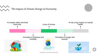 The impact of climate change on humanity
CLIMATE ACTION PROJECT 8
•It creates water and food
insecurity.
•Increase of illnesses and
mortality.
•Loss of homes.
•Increase of hunger and
poverty.
•It has a big impact on mental
health.
 