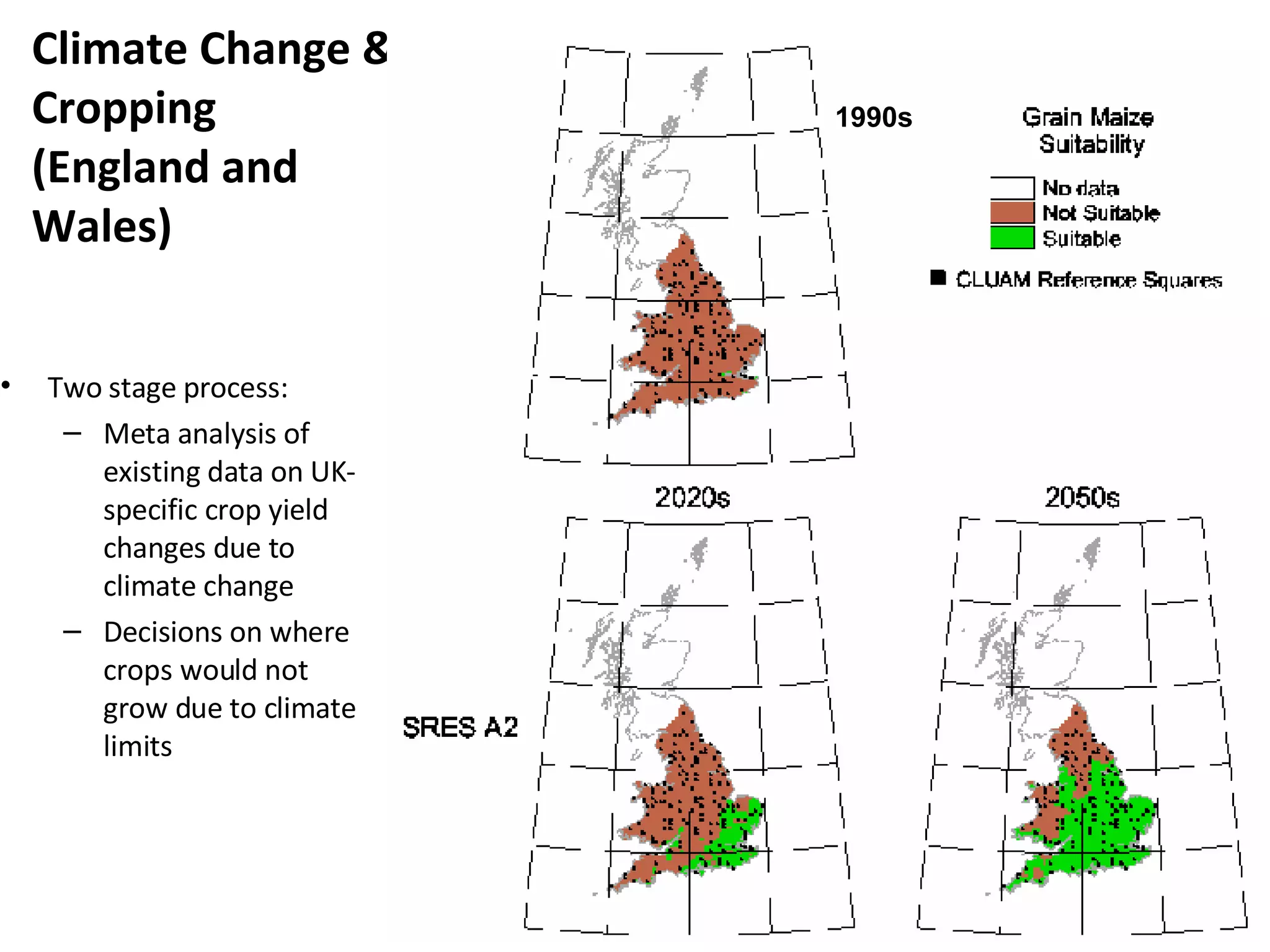 Climate Change & Cropping  (England and Wales) Two stage process: Meta analysis of existing data on UK-specific crop yield changes due to climate change Decisions on where crops would not grow due to climate limits 1990s 