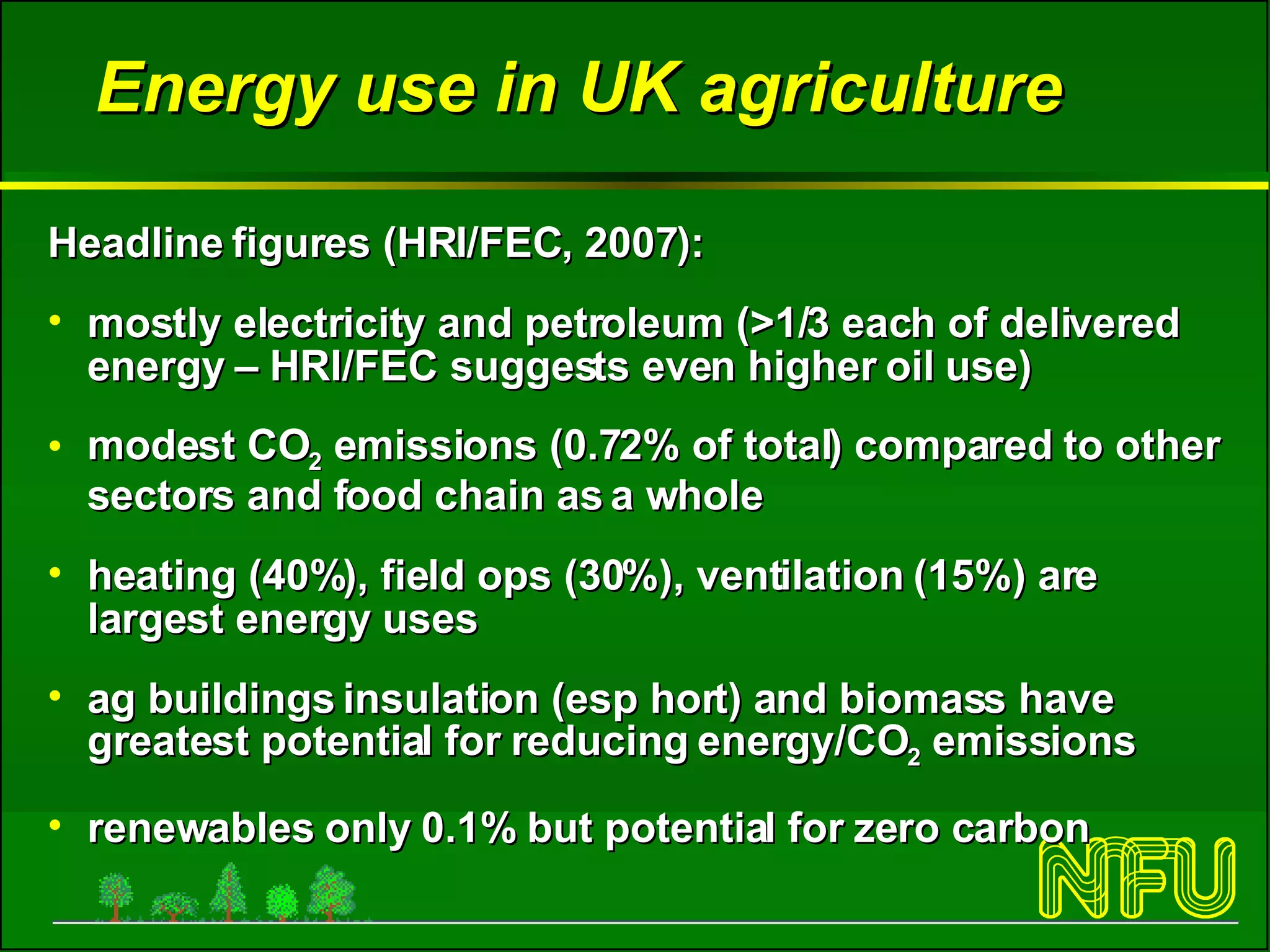 Energy use in UK agriculture Headline figures (HRI/FEC, 2007): mostly electricity and petroleum (>1/3 each of delivered energy – HRI/FEC suggests even higher oil use)  modest CO 2  emissions (0.72% of total) compared to other sectors and food chain as a whole  heating (40%), field ops (30%), ventilation (15%) are largest energy uses ag buildings insulation (esp hort) and biomass have greatest potential for reducing energy/CO 2  emissions renewables only 0.1% but potential for zero carbon 