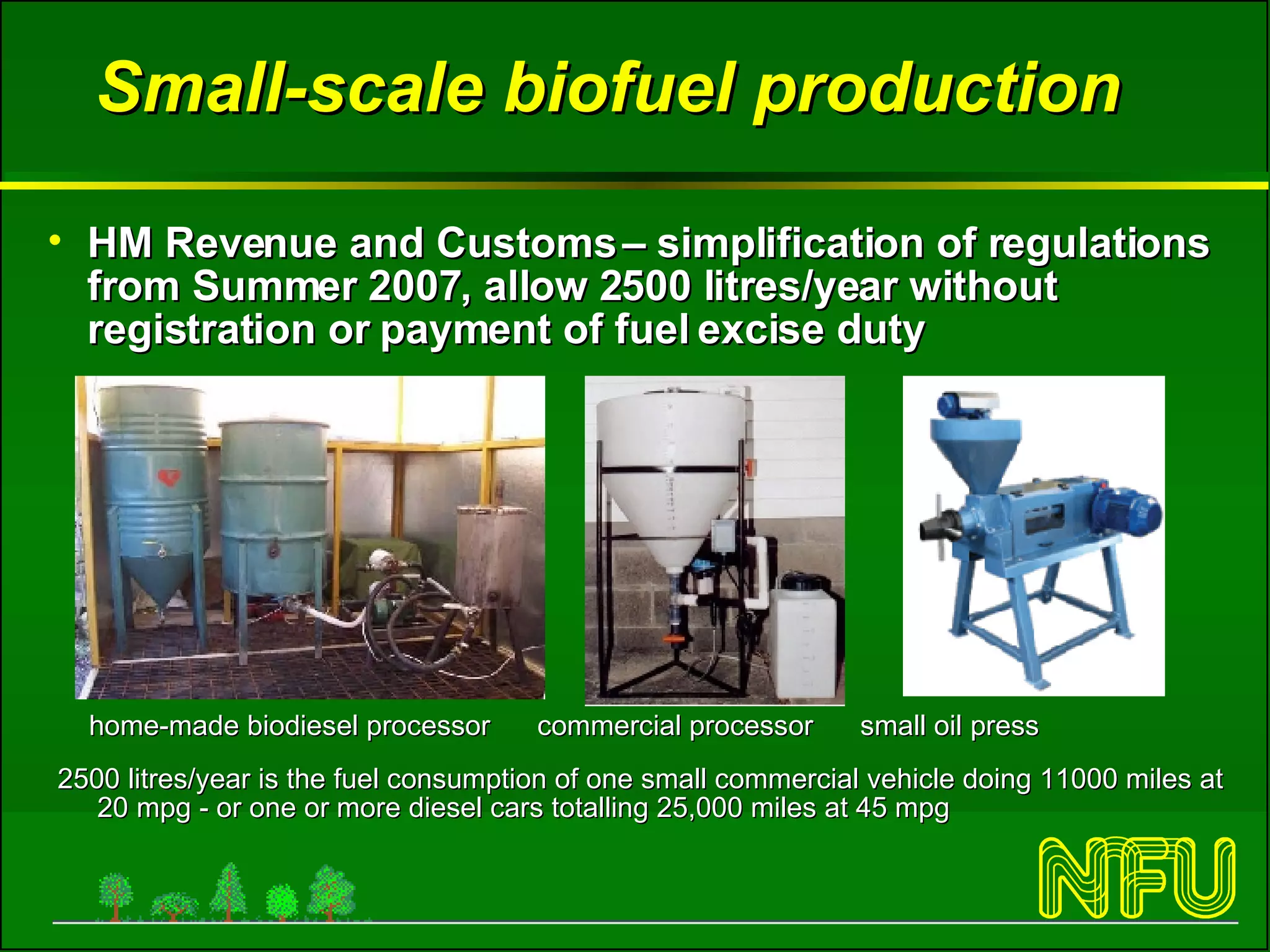 Small-scale biofuel production HM Revenue and Customs – simplification of regulations from Summer 2007, allow 2500 litres/year without registration or payment of fuel excise duty home-made biodiesel processor  commercial processor  small oil press 2500 litres/year is the fuel consumption of one small commercial vehicle doing 11000 miles at 20 mpg - or one or more diesel cars totalling 25,000 miles at 45 mpg 